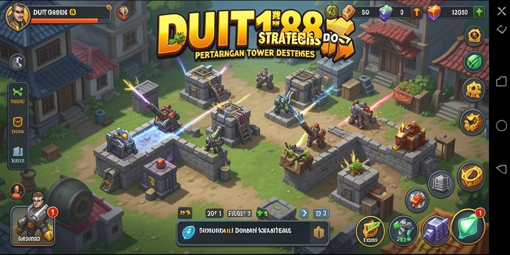 Tampilan menara dan serangan dalam gameplay Tower Defense.