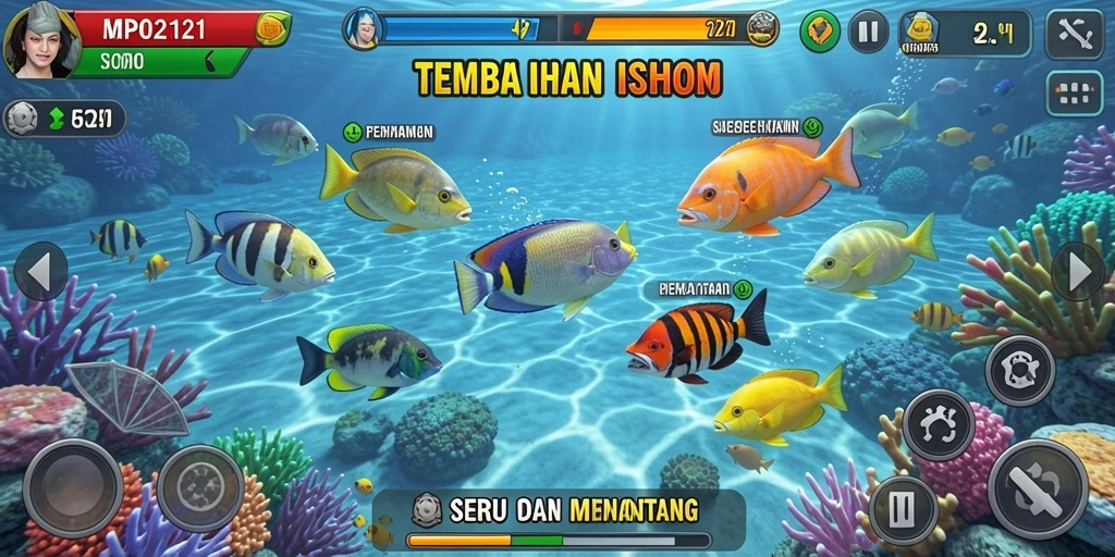 Tangkapan layar MPO2121 menunjukkan aksi seru menembak ikan berwarna-warni.