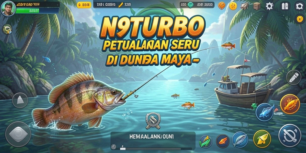 Tampilan gameplay seru dalam N9TURBO dengan berbagai ikan yang menunggu ditangkap.