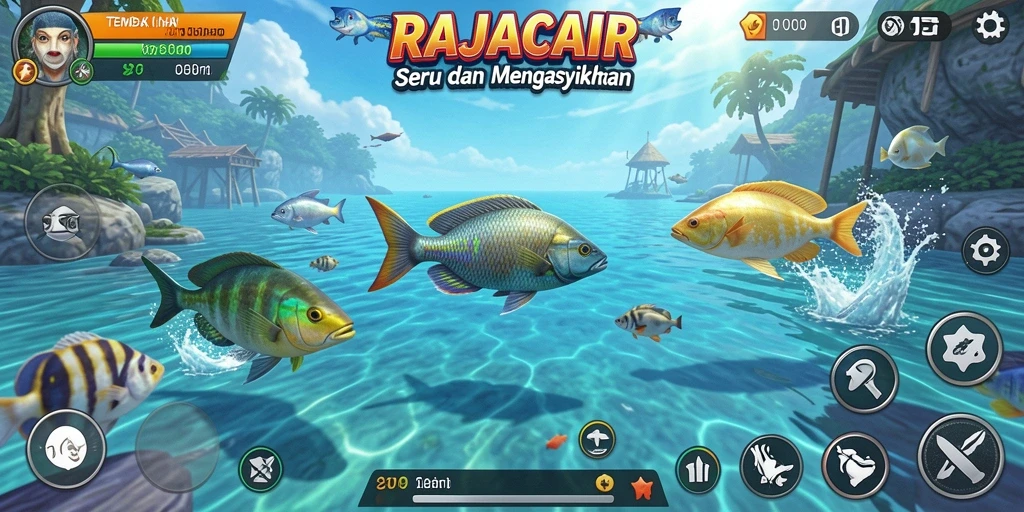 Screenshot RAJACAIR menampilkan aksi menangkap ikan yang seru.